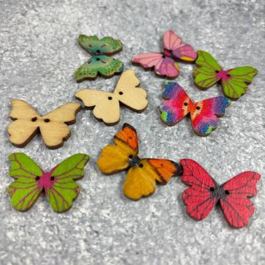 Decorative wooden button, Butterfly, colored, 25 mm