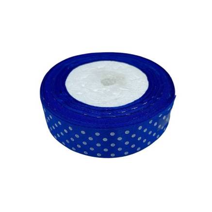 Satin ribbon 2.5 cm, blue with polka dots