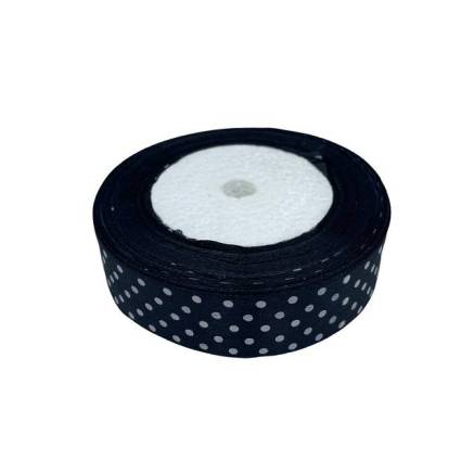 Satin ribbon 2.5 cm, black with polka dots