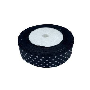 Satin ribbon 2.5 cm, black with polka dots