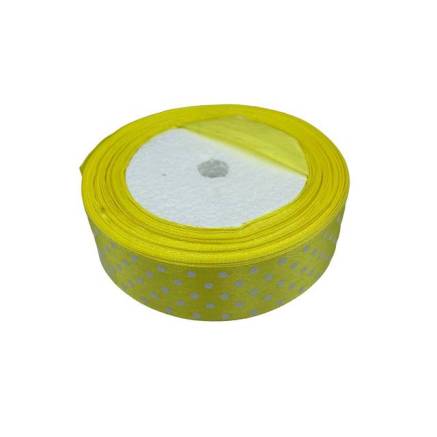Satin ribbon 2.5 cm, yellow with polka dots