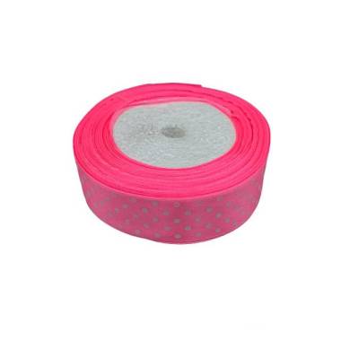 Satin ribbon 2.5 cm, pink with polka dots.