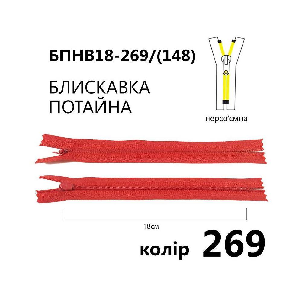 Молния потайная Т3, 18 см, нейлон, красная