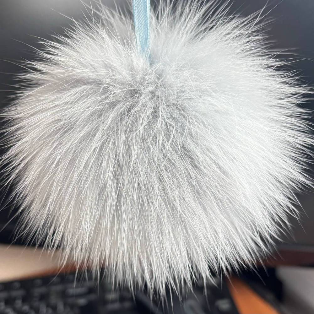 Pompom made of natural fox fur, light gray 13 cm