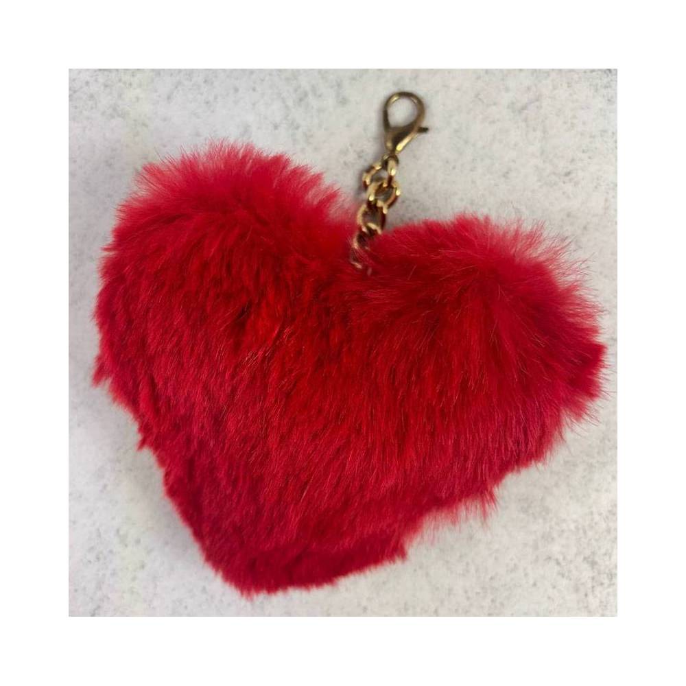 Keychain Heart made of natural rabbit fur, red 10 cm