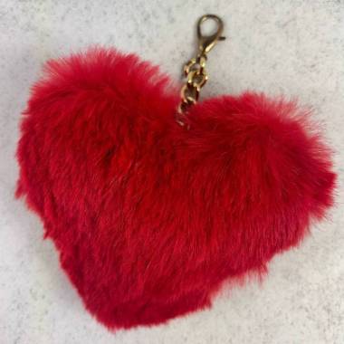 Keychain Heart made of natural rabbit fur, red 10 cm