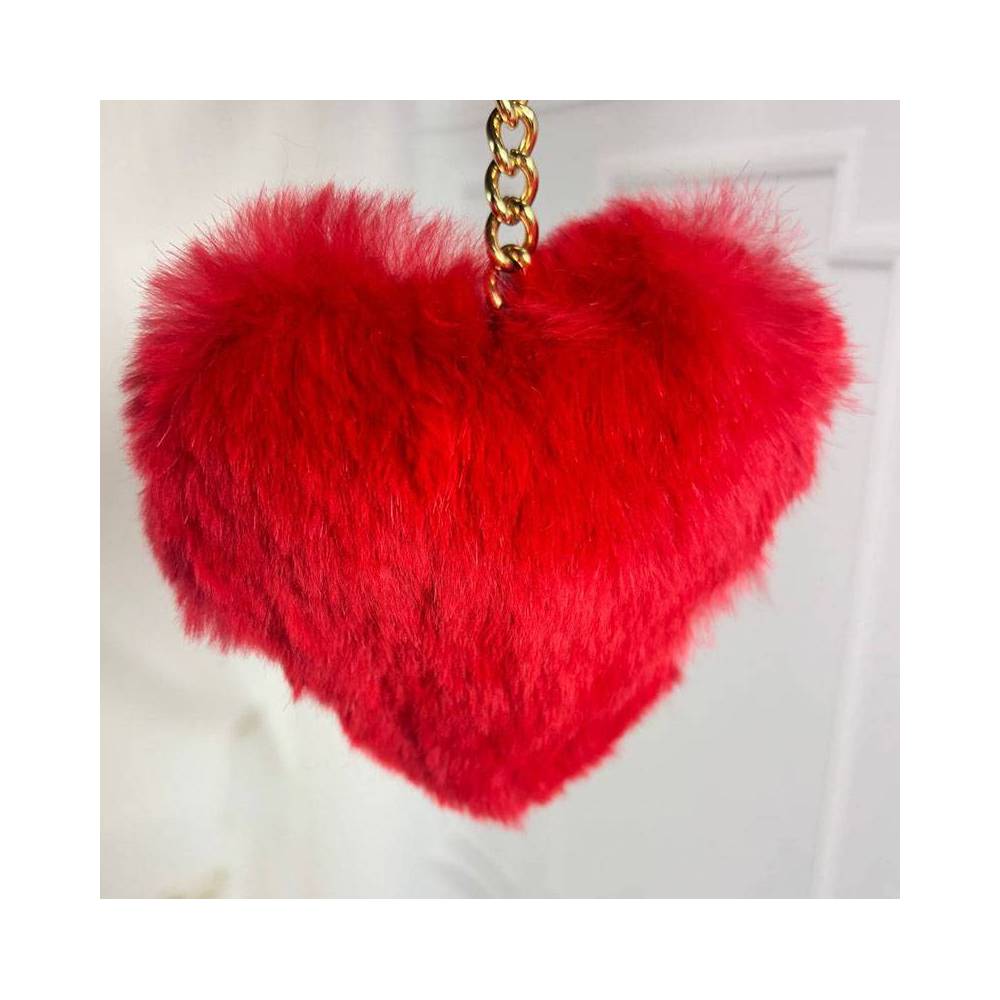 Keychain Heart made of natural rabbit fur, red 10 cm