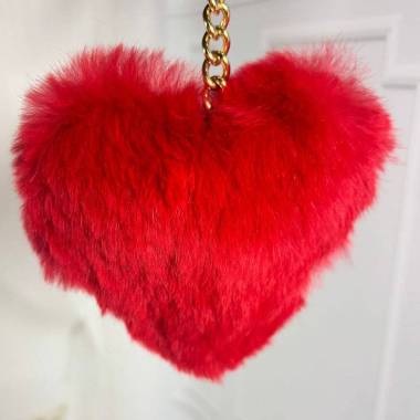 Keychain Heart made of natural rabbit fur, red 10 cm