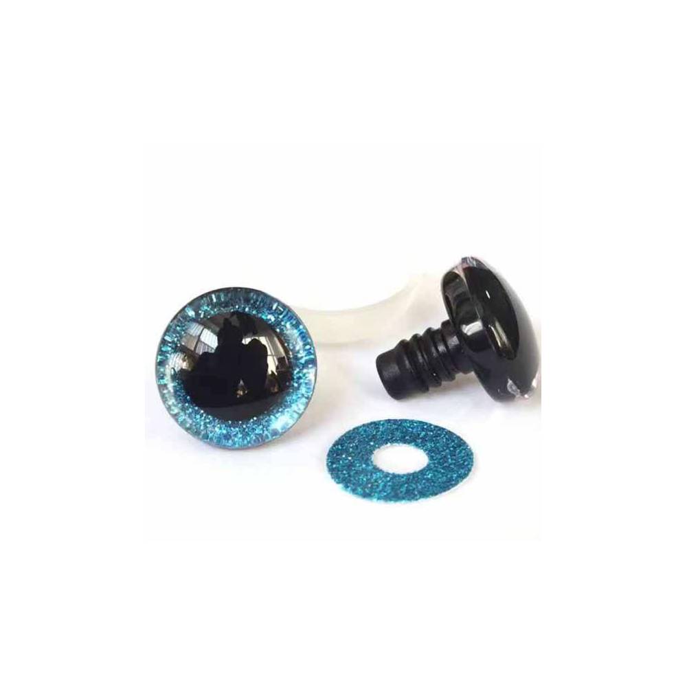 Shiny 3D eyes for toys on a reliable blue mount with a diameter of 12 mm
