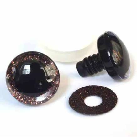 Shiny 3D eyes for toys on a reliable brown mount with a diameter of 18 mm