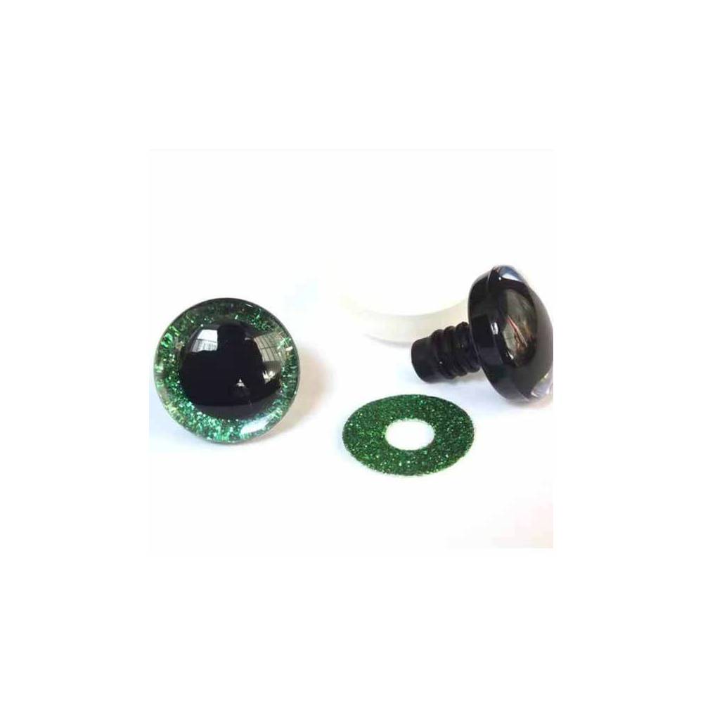 Shiny 3D eyes for toys on a reliable green mount with a diameter of 20 mm