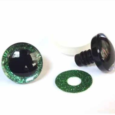 Shiny 3D eyes for toys on a reliable green mount with a diameter of 20 mm