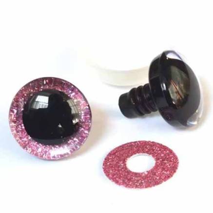 Shiny 3D eyes for toys on a reliable pink mount with a diameter of 20 mm