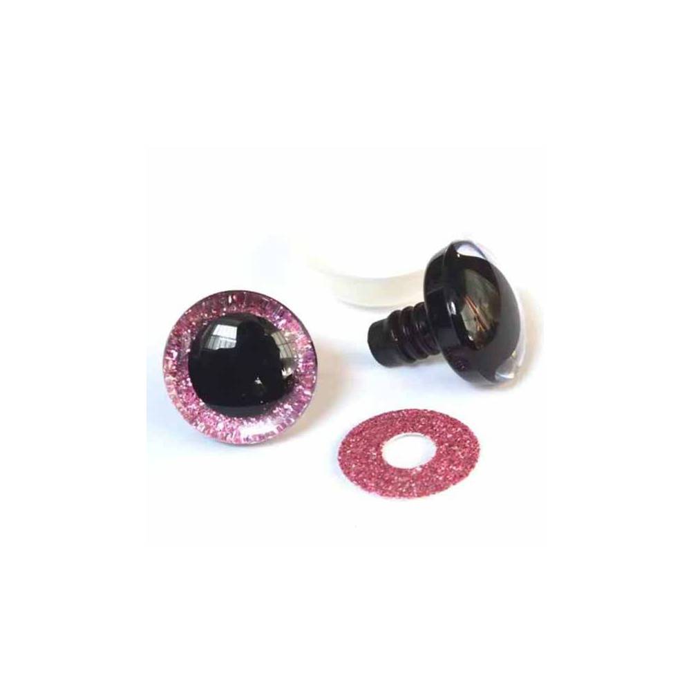 Shiny 3D eyes for toys on a reliable pink mount with a diameter of 20 mm