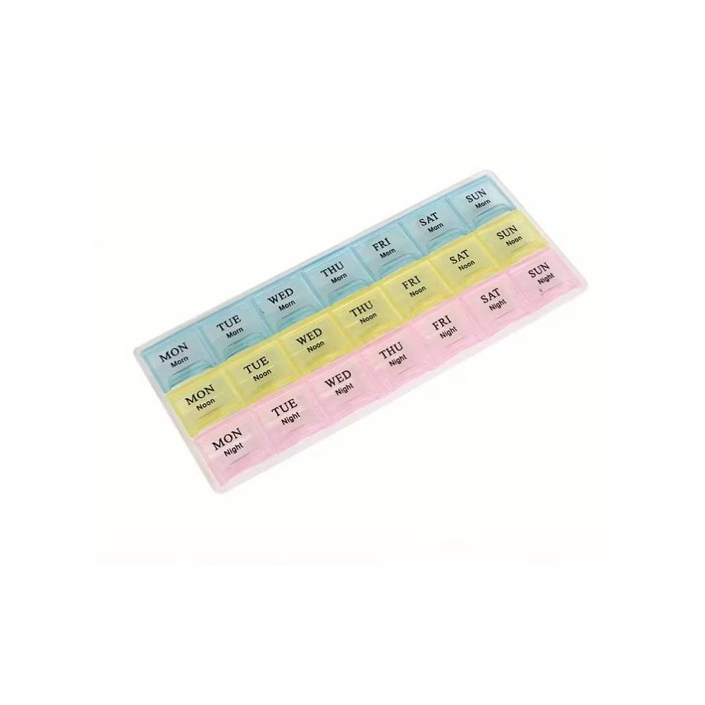 Multicolored bead organizer with 21 cells.