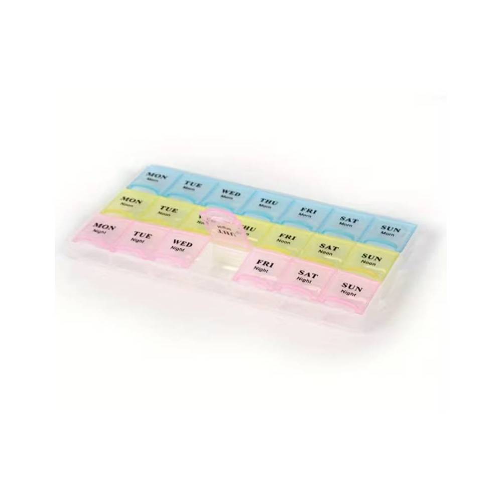 Multicolored bead organizer with 21 cells.