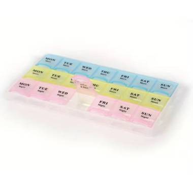 Multicolored bead organizer with 21 cells.