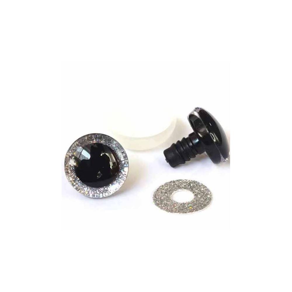 Shiny 3D silver eyes for toys on a reliable mount with a diameter of 16 mm