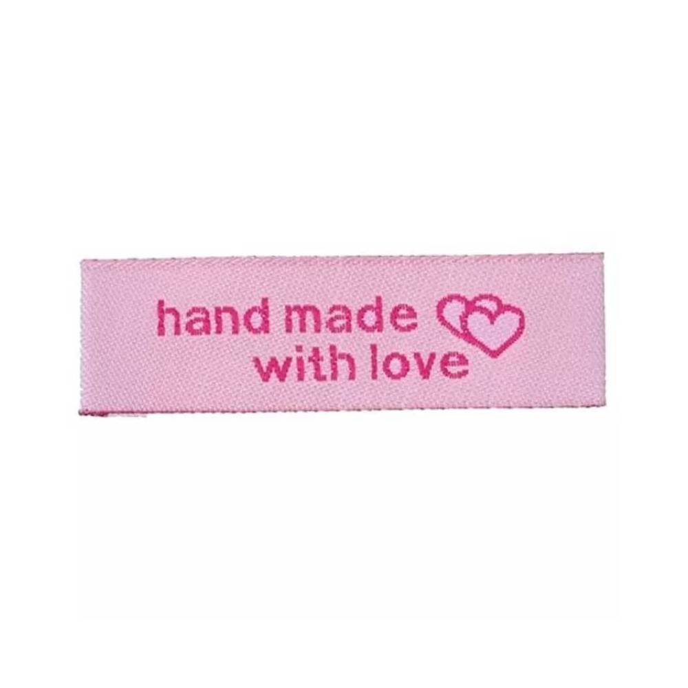 Бірка пришивна HandMade with love, текстиль, рожева