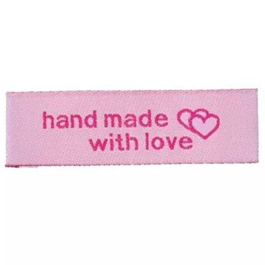 Sew-on tag HandMade with love, textile, pink