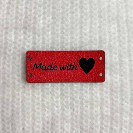 Бірка пришивна Made with love, екошкіра, червона