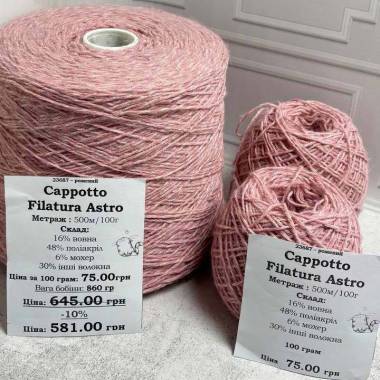 Yarn on the cone Cappotto Nm 2 (100 grams), pink Filatura Astro