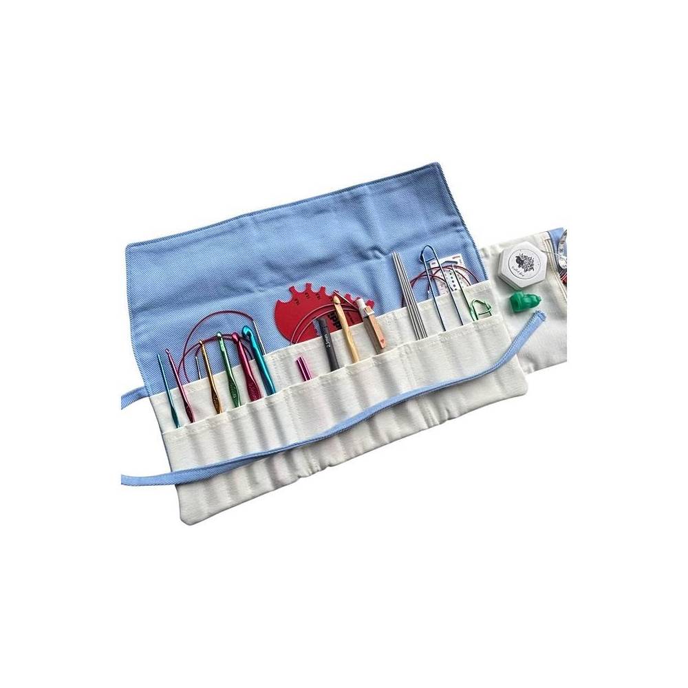 Blue knitting needle and crochet hook organizer