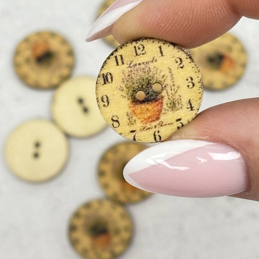 Wooden Button, Clock with Lavender Pot, 20mm