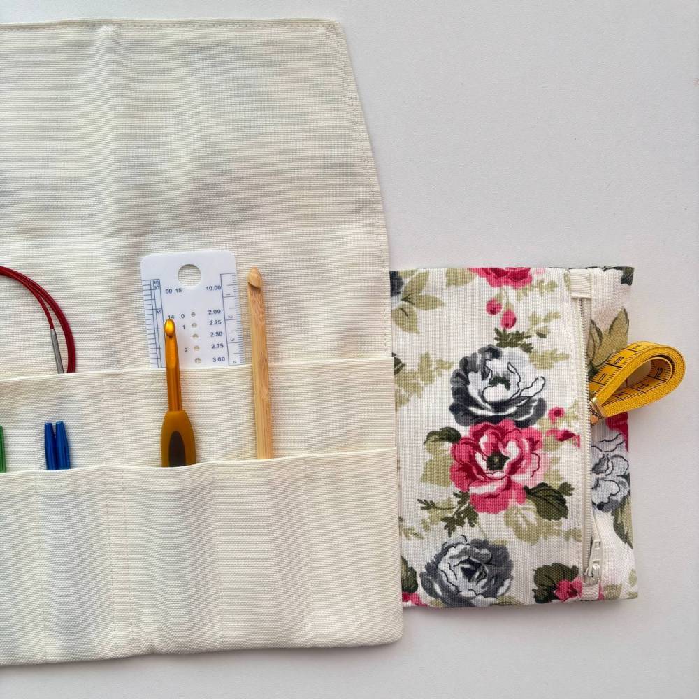 Pink floral knitting needle and crochet hook organizer