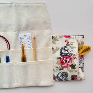 Pink floral knitting needle and crochet hook organizer