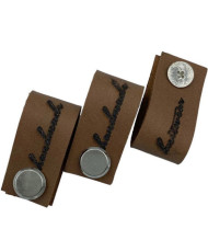 Handmade Knitwear Screw Tag, leather, handwritten font, hazelnut