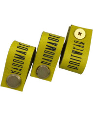 Handmade Knitwear Screw Tag, leather, Designer Font, yellow