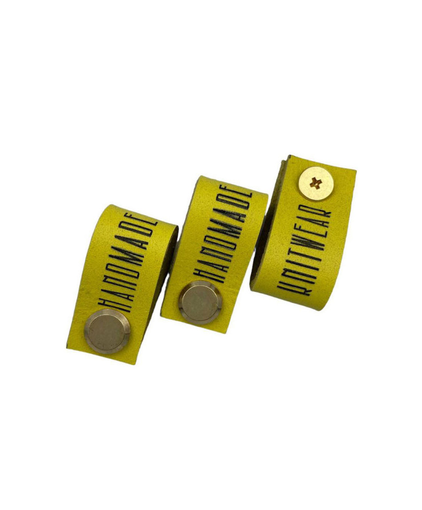 Handmade Knitwear Screw Tag, leather, Designer Font, yellow Handmade Knitwear Screw Tag, leather, Designer Font, yellow