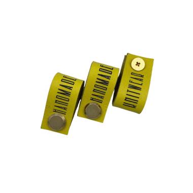 Handmade Knitwear Screw Tag, leather, Designer Font, yellow