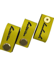 Handmade Knitwear Screw Tag, leather, handwritten font, yellow