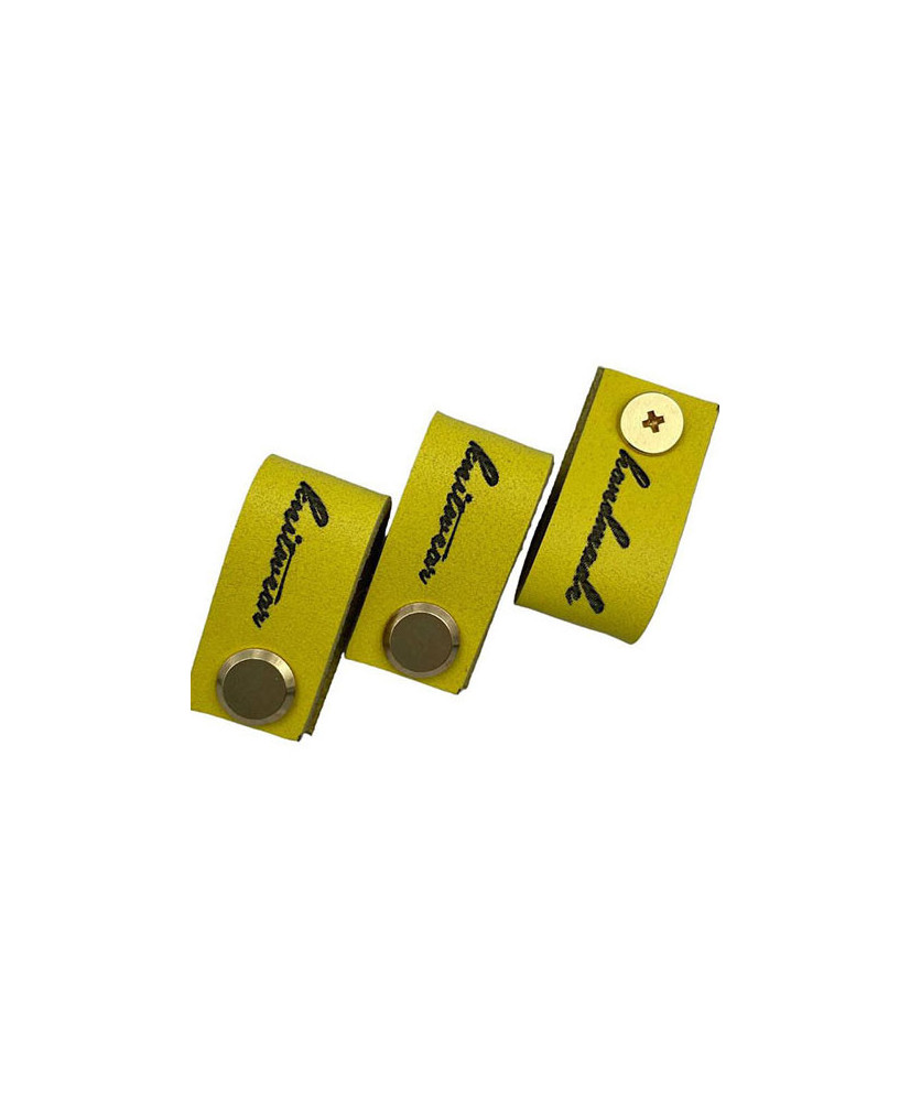 Handmade Knitwear Screw Tag, leather, handwritten font, yellow Handmade Knitwear Screw Tag, leather, handwritten font, yellow