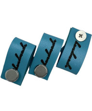 Handmade Knitwear Screw Tag, leather, handwritten font, blue