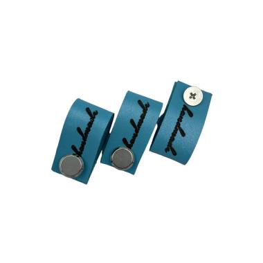 Handmade Knitwear Screw Tag, leather, handwritten font, blue