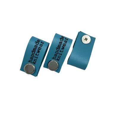 Handmade Knitwear Screw Tag, leather, Printed Font, blue