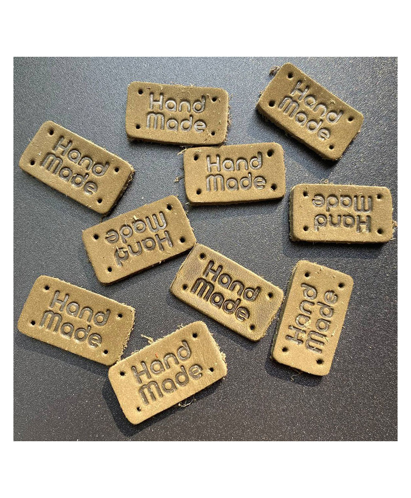 Handmade sew-on tag, leather, khaki Handmade sew-on tag, leather, khaki