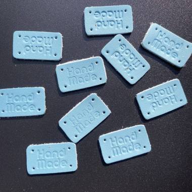 Handmade sew-on tag, leather, blue
