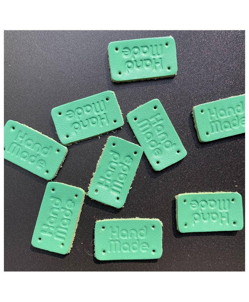 Handmade sew-on tag, leather, turquoise Handmade sew-on tag, leather, turquoise