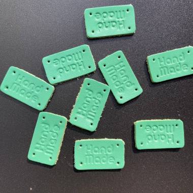 Handmade sew-on tag, leather, turquoise