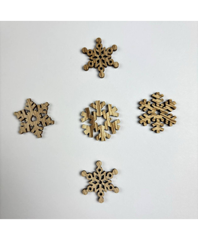Wooden button, Snowflake natural wood, 25*25 mm