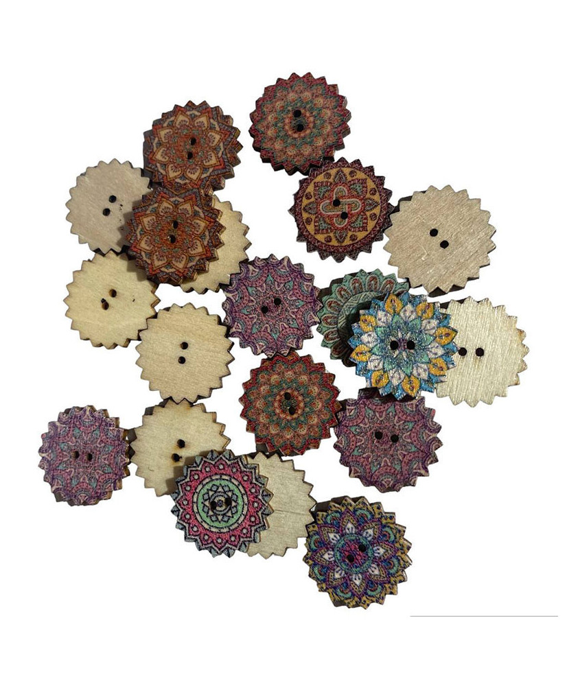 Wooden button, Mandala in assortment, 20 mm