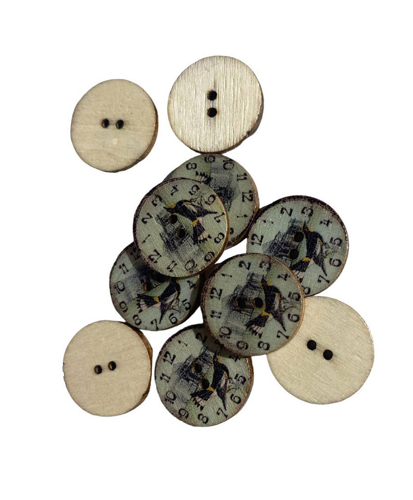 Wooden button, Clock with a bird N4, 20 mm