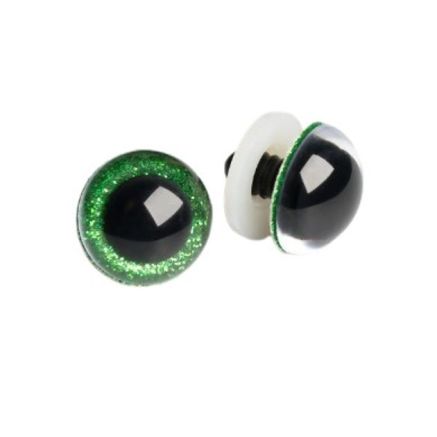 Shiny 3D eyes for toys on a reliable green mount with a diameter of 12 mm